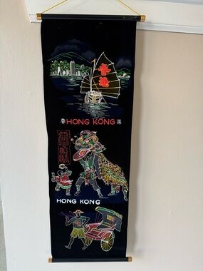 Hong Kong Black Velvet Wall Hanging Scroll with Colorful Embroidered Scenes